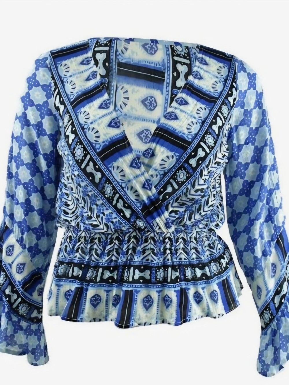 Free People Blue Printed V-Neck Wrap Peplum Blouse